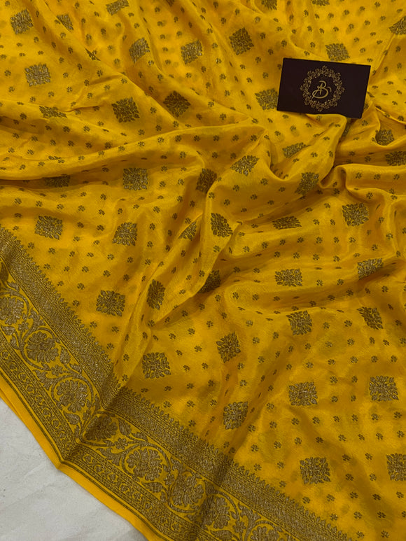 Yellow Pure Banarasi Khaddi Crepe Silk Saree - Aura Benaras