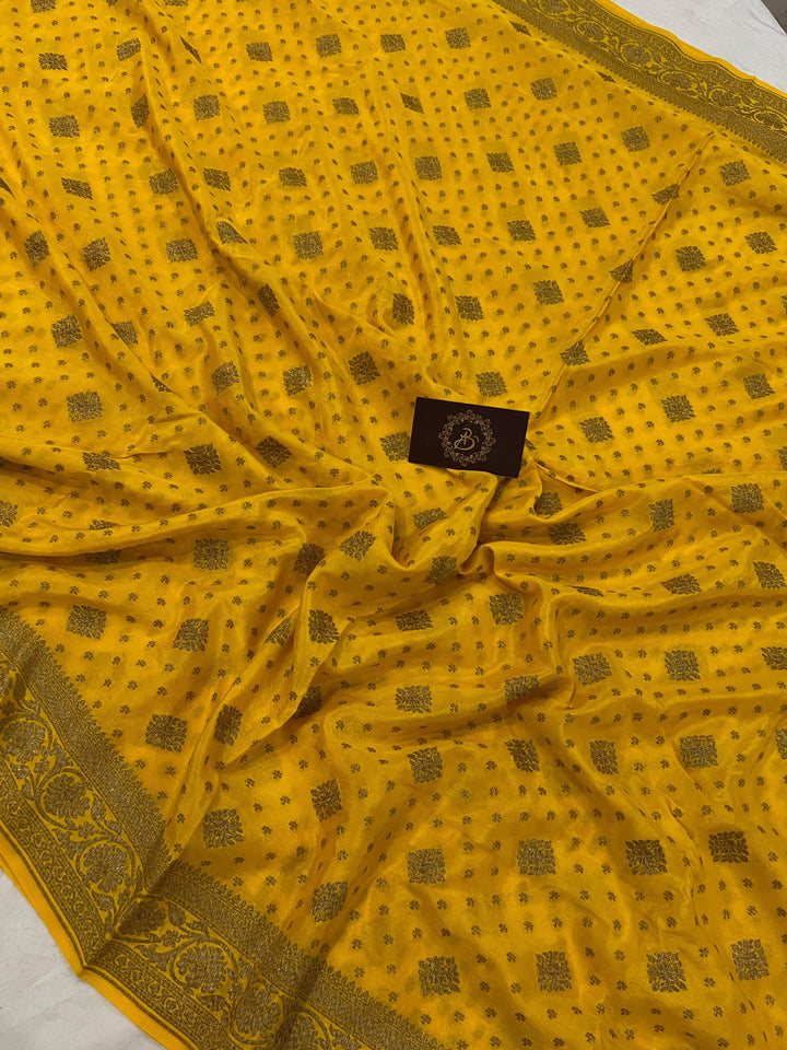 Yellow Pure Banarasi Khaddi Crepe Silk Saree - Aura Benaras