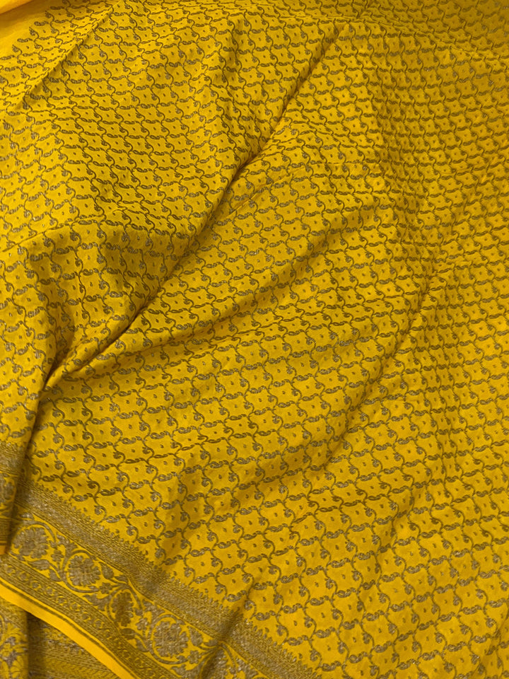 Yellow Pure Banarasi Khaddi Crepe Silk Saree - Aura Benaras