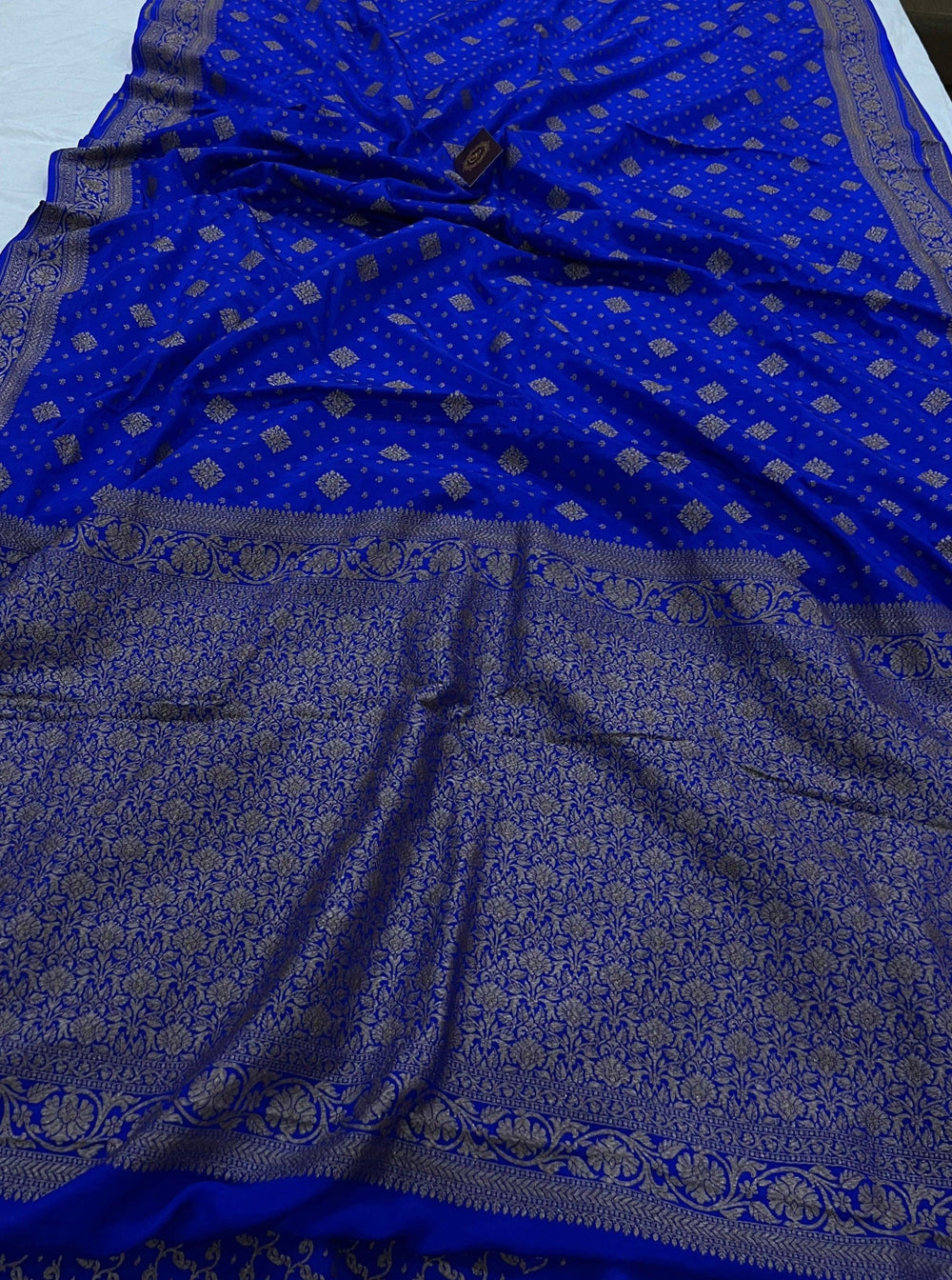 Royal Blue Pure Banarasi Khaddi Crepe Silk Saree - Aura Benaras