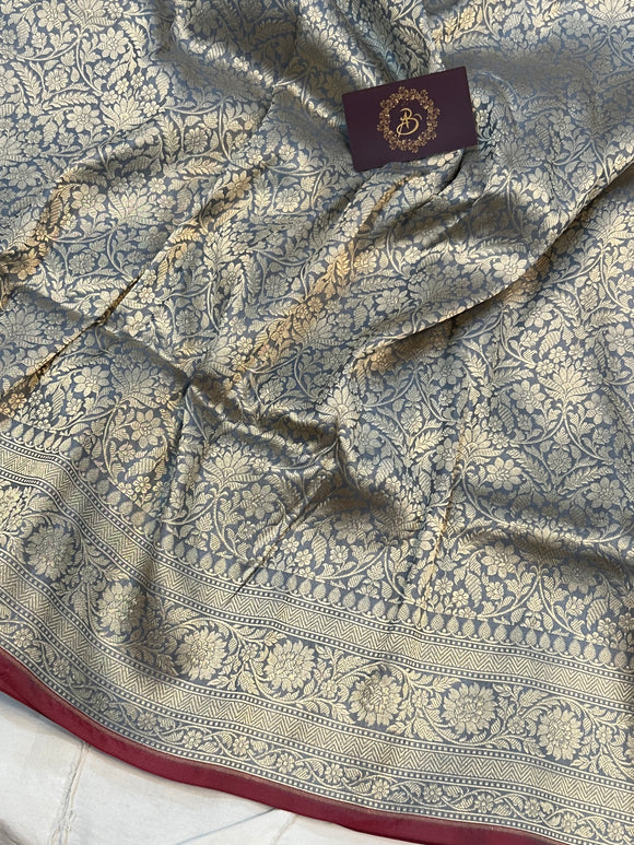 Grey Banarasi Handloom Pure Katan Silk Saree - Aura Benaras