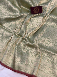 Pista Green Banarasi Handloom Pure Katan Silk Saree - Aura Benaras
