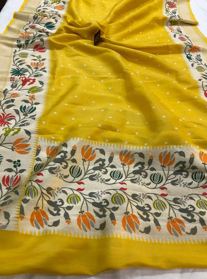 Yellow Pure Banarasi Handloom Tussar Georgette Saree - Aura Benaras