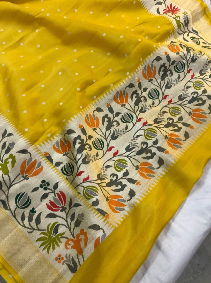 Yellow Pure Banarasi Handloom Tussar Georgette Saree - Aura Benaras