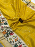 Yellow Pure Banarasi Handloom Tussar Georgette Saree - Aura Benaras
