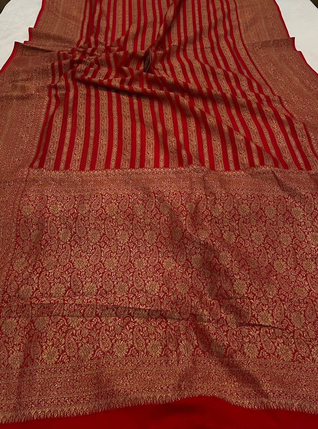 Red Banarasi Handloom Pure Khaddi Georgette Saree - Aura Benaras