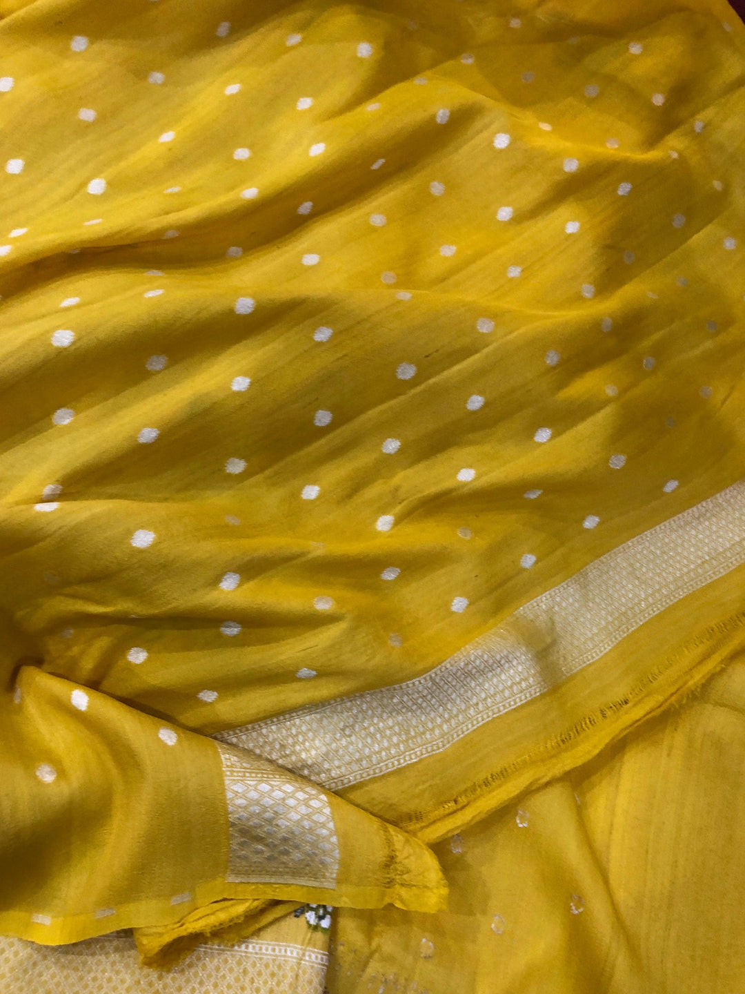 Yellow Pure Banarasi Handloom Tussar Georgette Saree - Aura Benaras