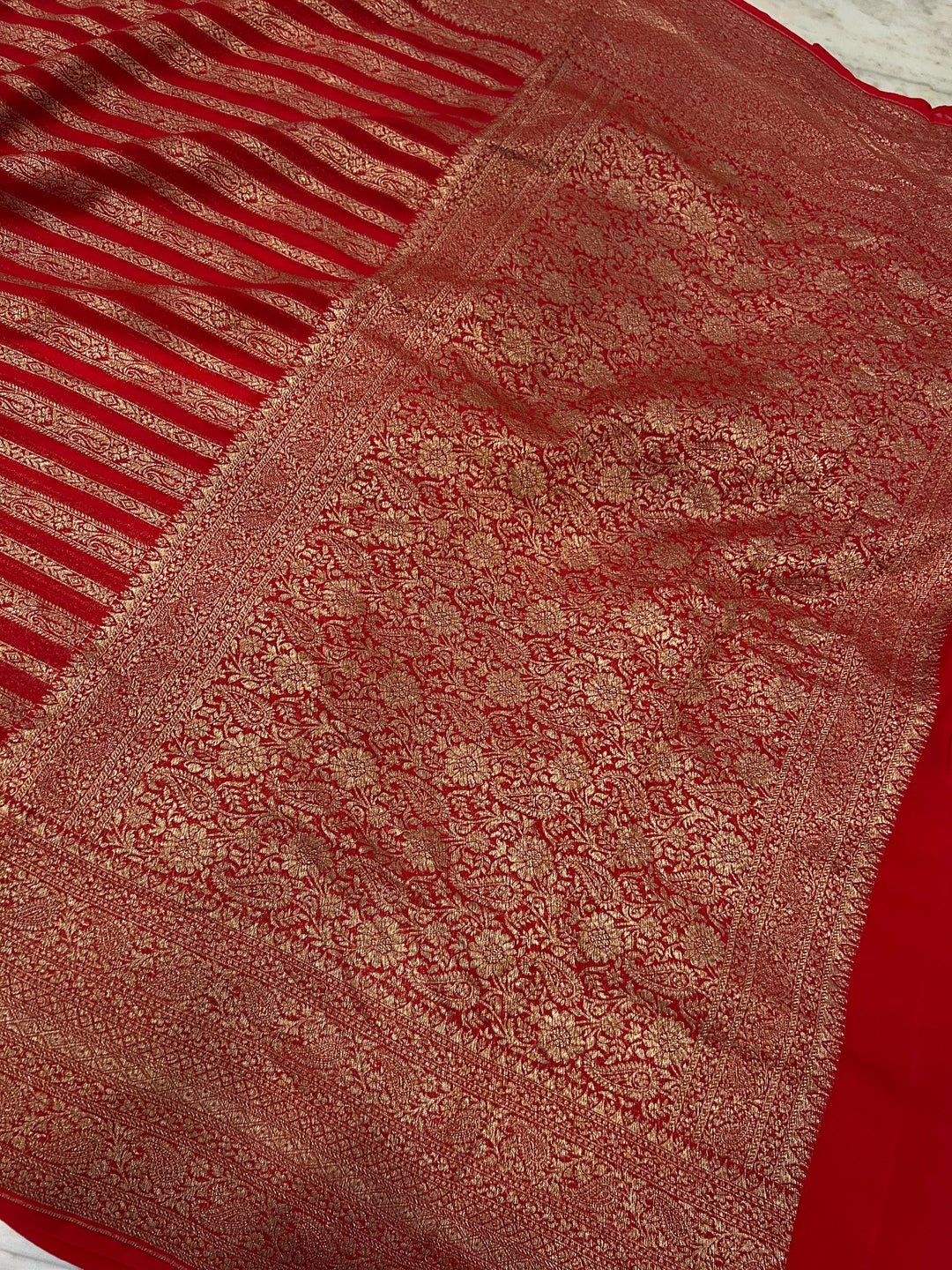 Red Banarasi Handloom Pure Khaddi Georgette Saree - Aura Benaras