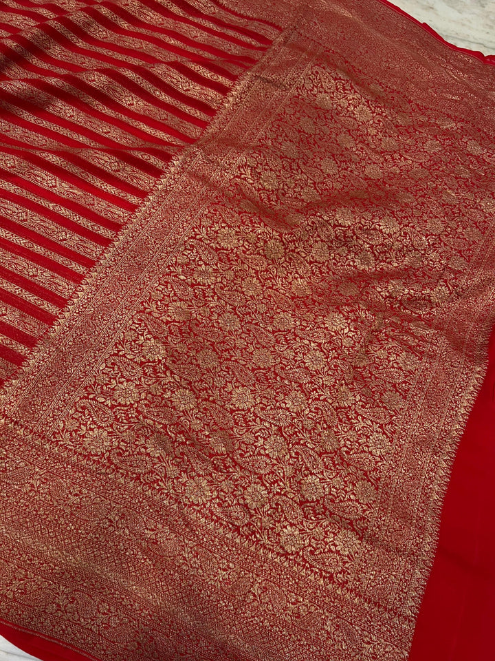 Red Banarasi Handloom Pure Khaddi Georgette Saree - Aura Benaras
