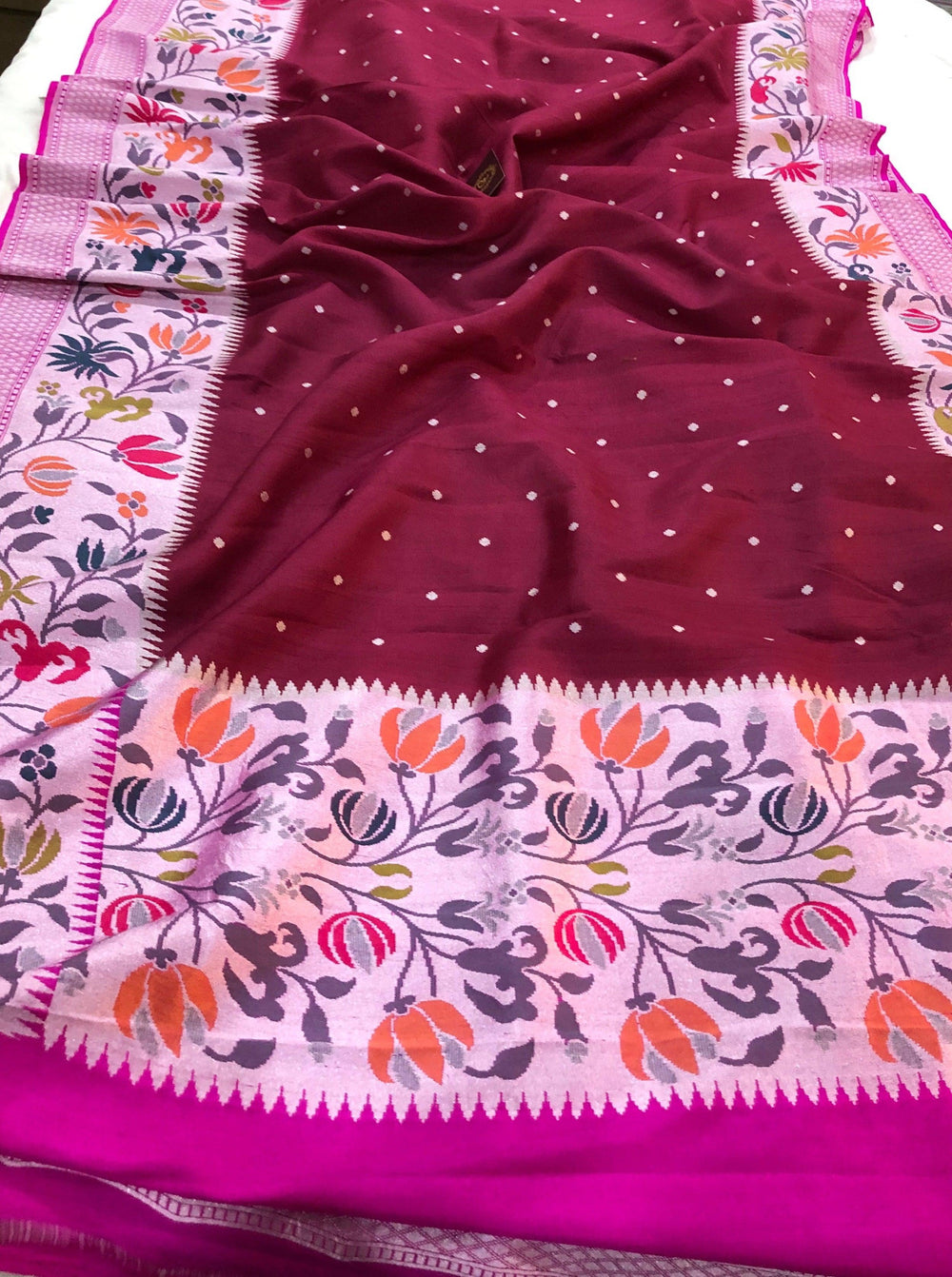 Maroon Pure Banarasi Handloom Tussar Georgette Saree - Aura Benaras