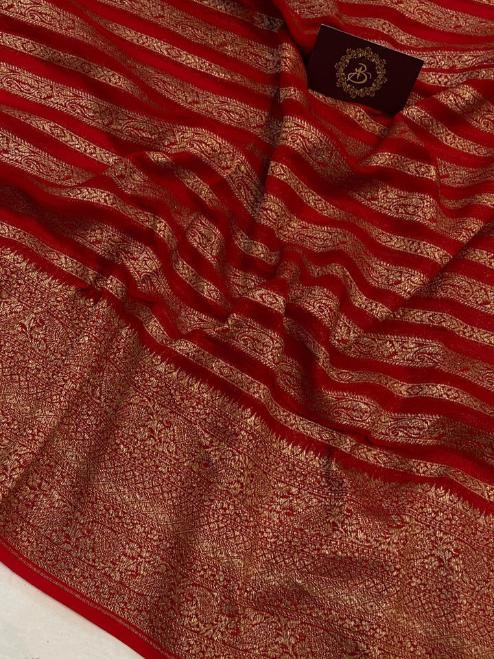 Red Banarasi Handloom Pure Khaddi Georgette Saree - Aura Benaras