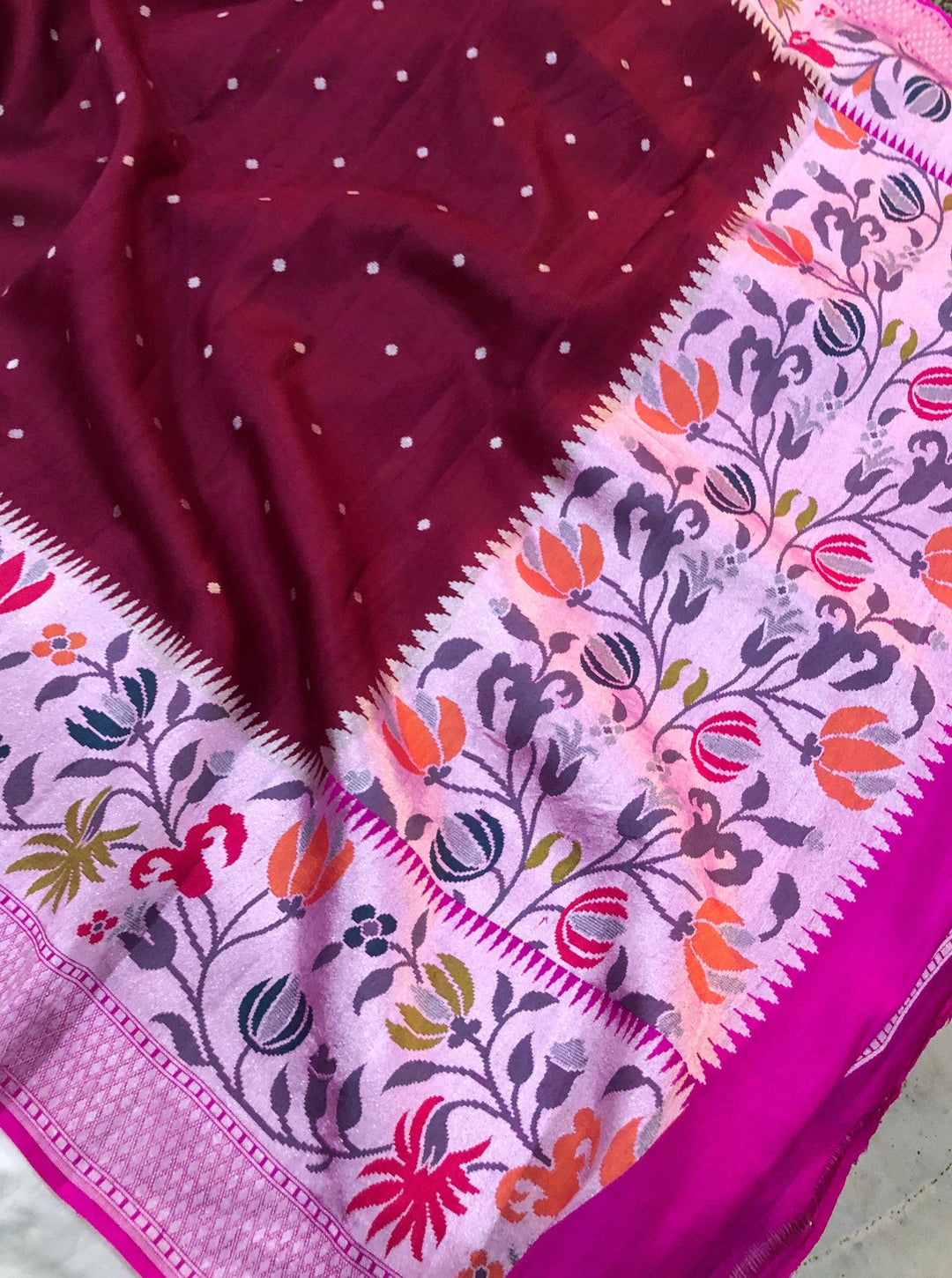 Maroon Pure Banarasi Handloom Tussar Georgette Saree - Aura Benaras