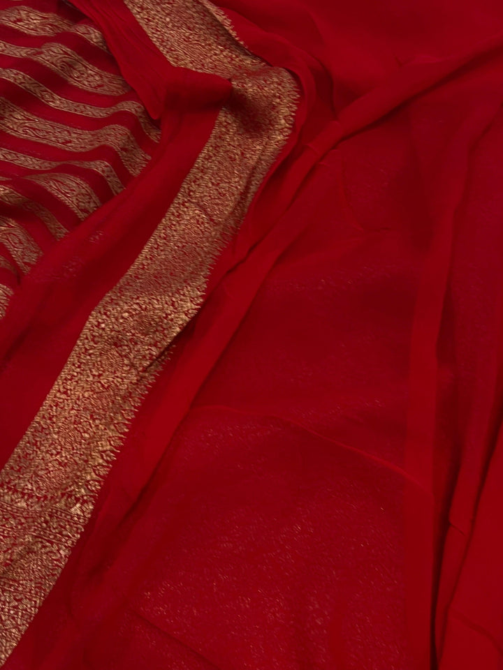 Red Banarasi Handloom Pure Khaddi Georgette Saree - Aura Benaras