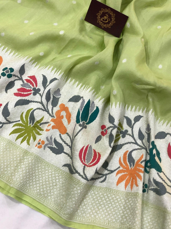 Pista Green Pure Banarasi Khaddi Georgette Saree - Aura Benaras