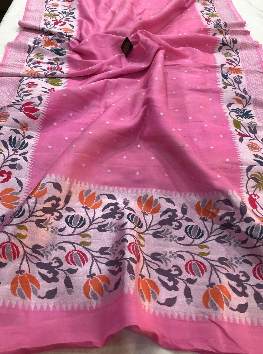 Peachish Pink Pure Banarasi Khaddi Georgette Saree - Aura Benaras