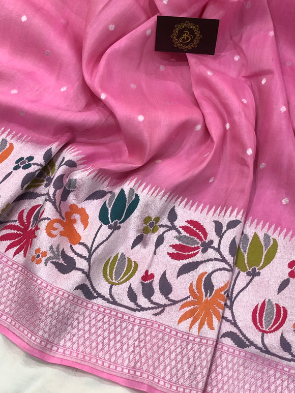 Peachish Pink Pure Banarasi Handloom Tussar Georgette Saree