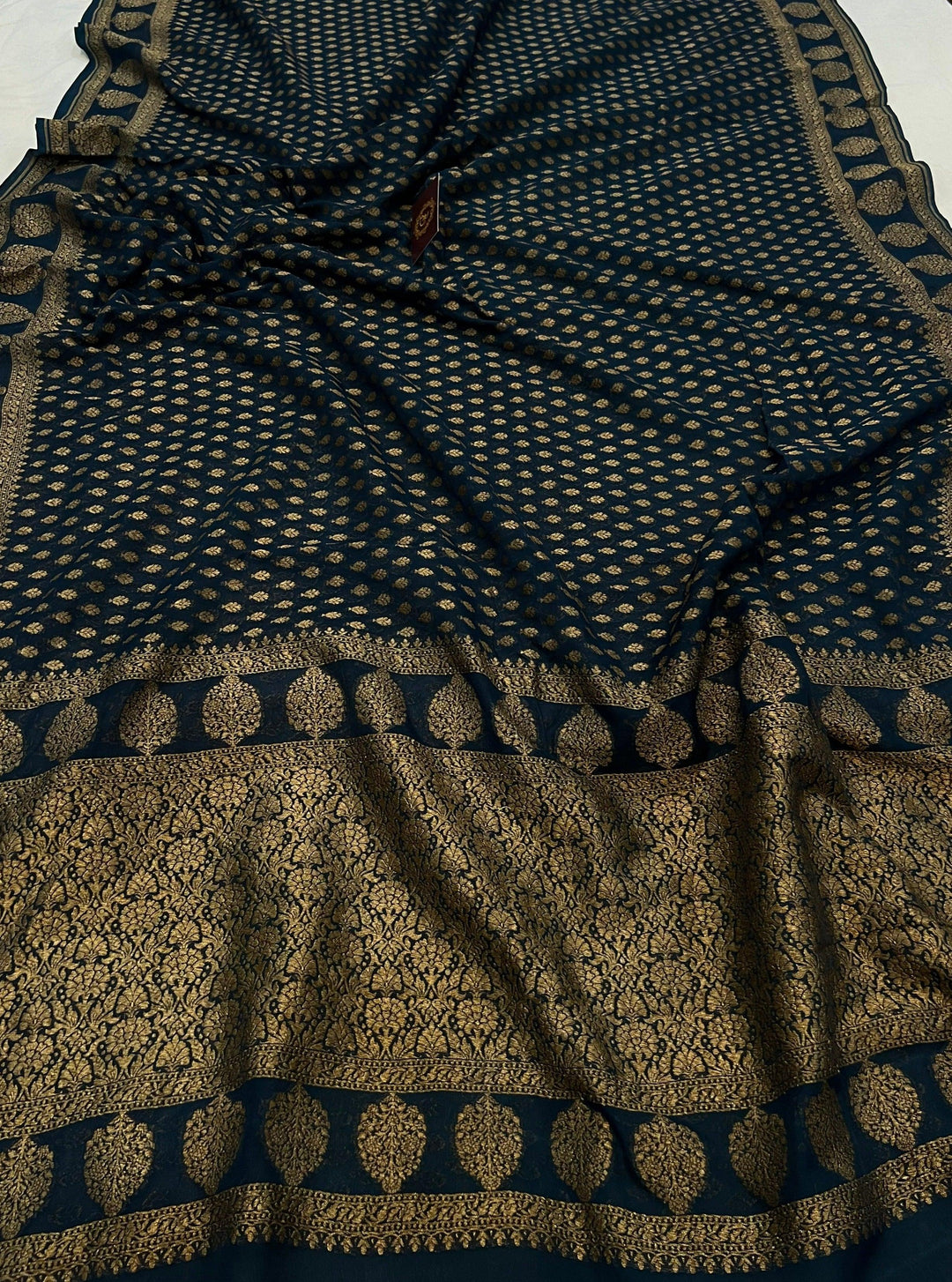 Teal Blue Banarasi Handloom Pure Khaddi Georgette Saree - Aura Benaras