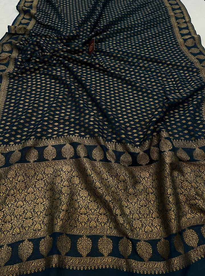 Teal Blue Banarasi Handloom Pure Khaddi Georgette Saree - Aura Benaras