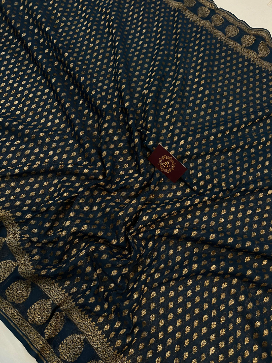 Teal Blue Banarasi Handloom Pure Khaddi Georgette Saree - Aura Benaras