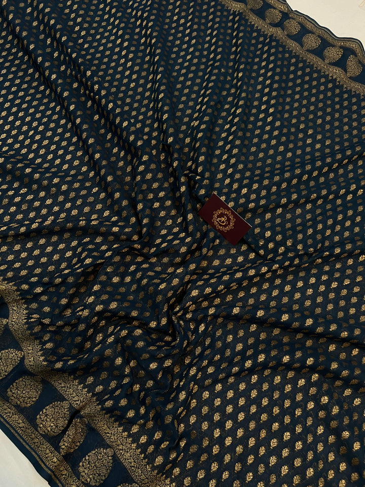 Teal Blue Banarasi Handloom Pure Khaddi Georgette Saree - Aura Benaras