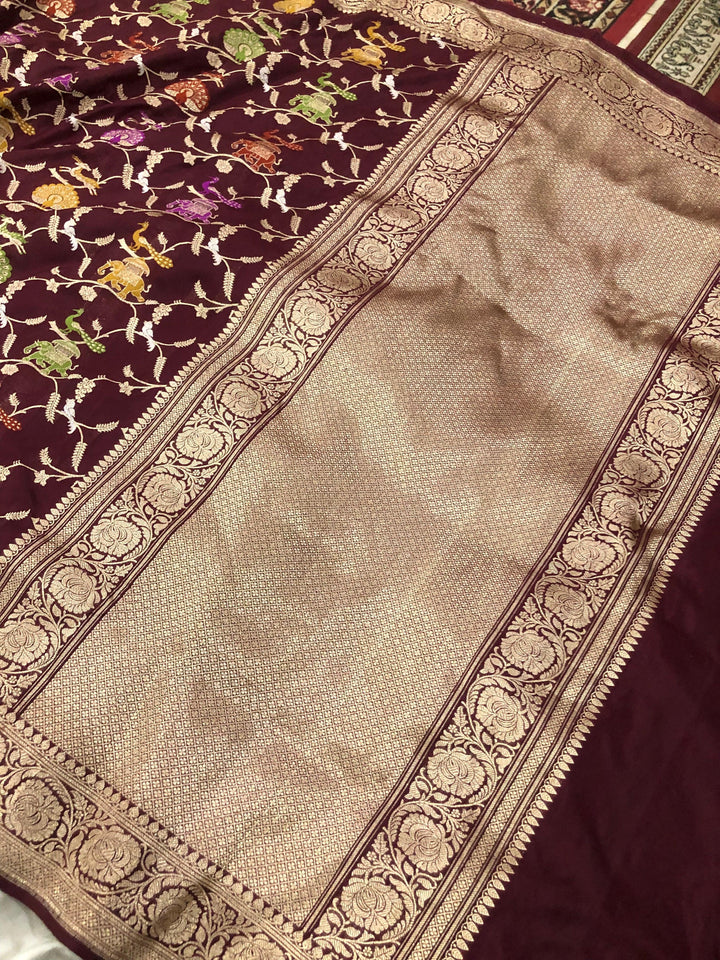 Deep Maroon Kadwa Jaal Pure Banarasi Handloom Katan Silk Saree - Aura Benaras