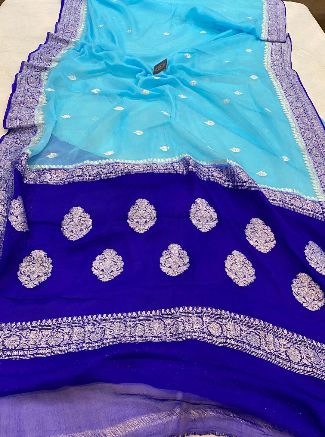 Firozi Khaddi Chiffon Banarasi Handloom Saree - Aura Benaras