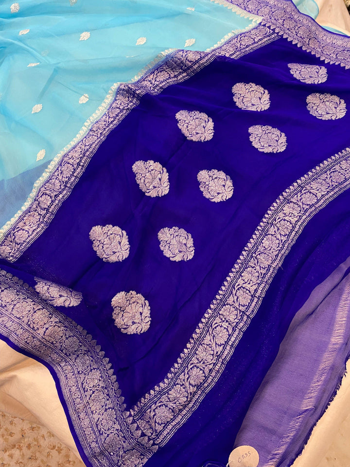 Firozi Khaddi Chiffon Banarasi Handloom Saree - Aura Benaras