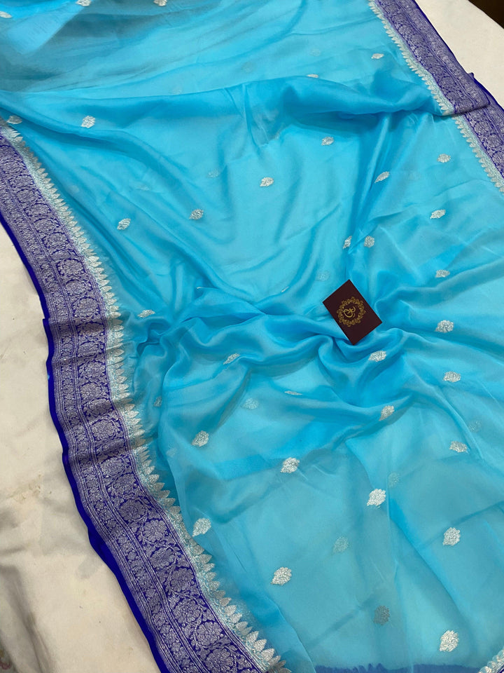 Firozi Khaddi Chiffon Banarasi Handloom Saree - Aura Benaras