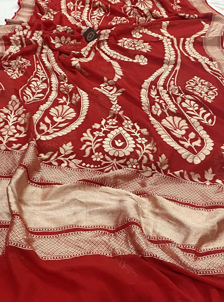 Red Pure Banarasi Khaddi Georgette Saree - Aura Benaras
