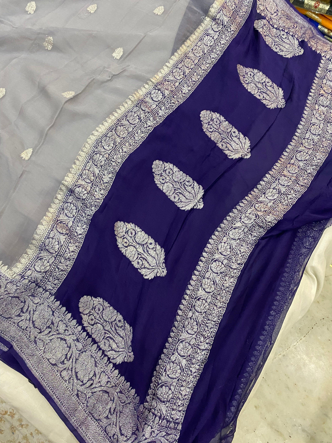 Grey Khaddi Chiffon Banarasi Handloom Saree - Aura Benaras