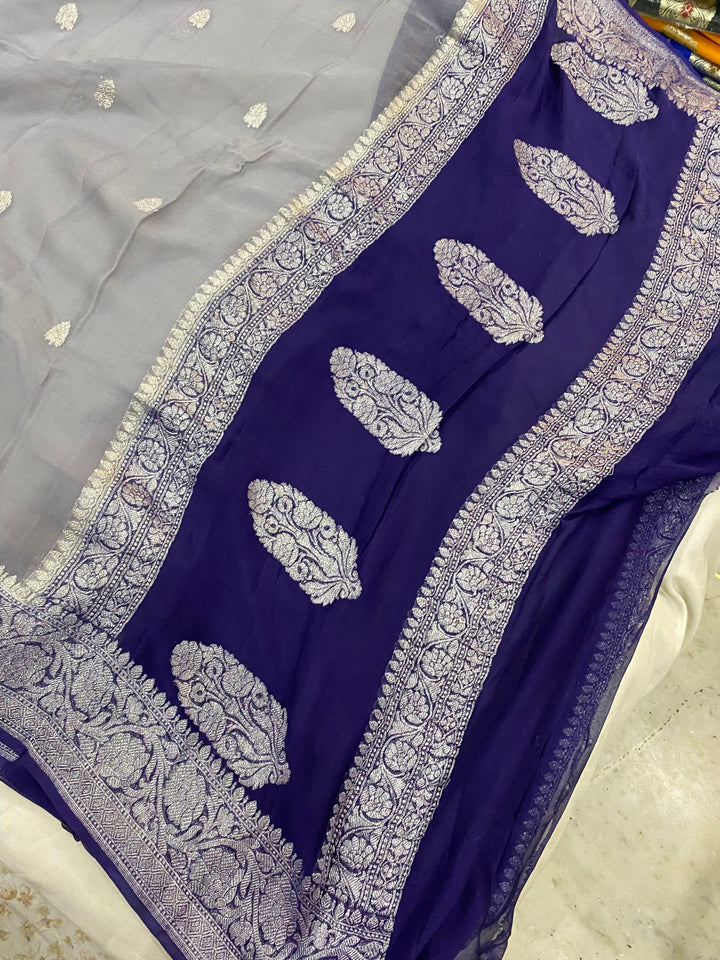 Grey Khaddi Chiffon Banarasi Handloom Saree - Aura Benaras