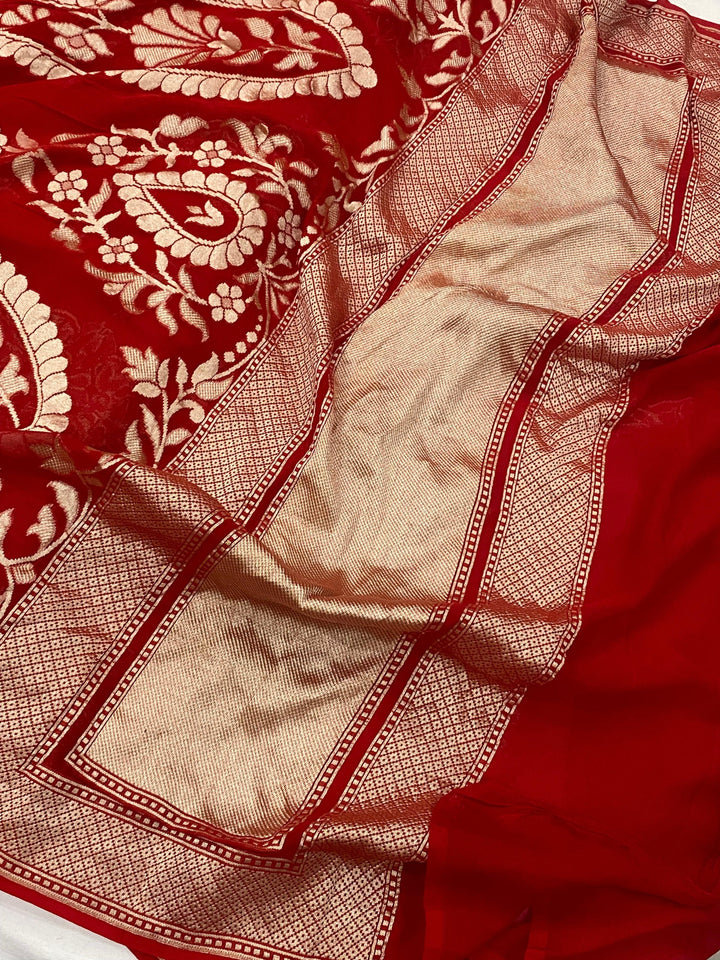 Red Pure Banarasi Khaddi Georgette Saree - Aura Benaras
