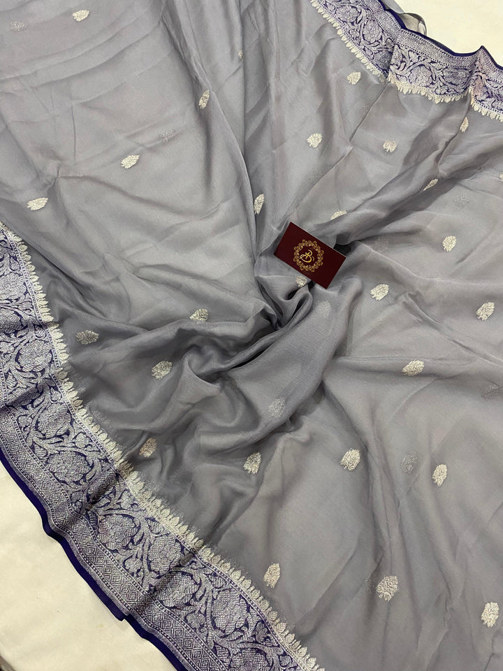 Grey Khaddi Chiffon Banarasi Handloom Saree - Aura Benaras