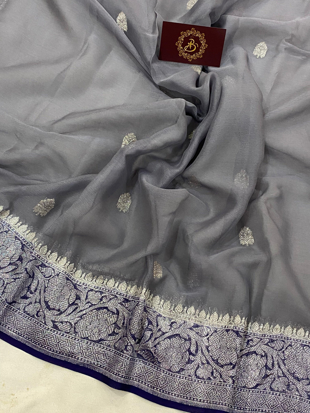 Grey Khaddi Chiffon Banarasi Handloom Saree - Aura Benaras