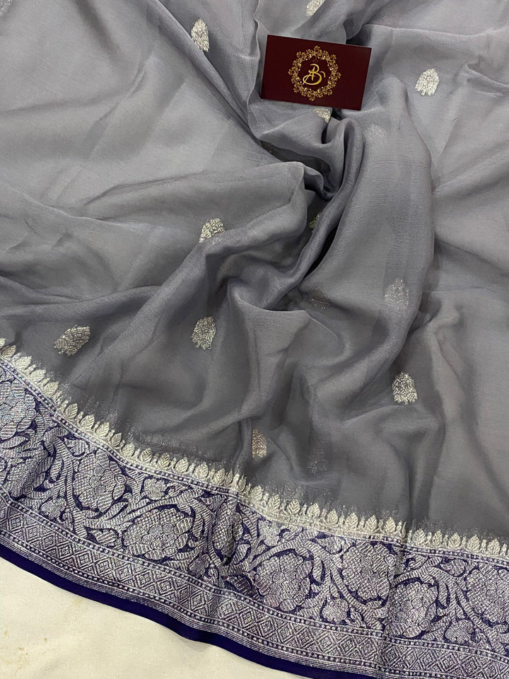 Grey Khaddi Chiffon Banarasi Handloom Saree - Aura Benaras