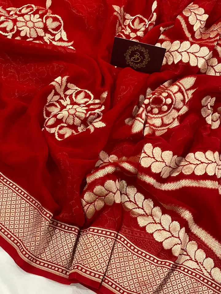 Red Pure Banarasi Khaddi Georgette Saree - Aura Benaras