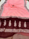 Peachish pink Khaddi Chiffon Banarasi Handloom Saree - Aura Benaras