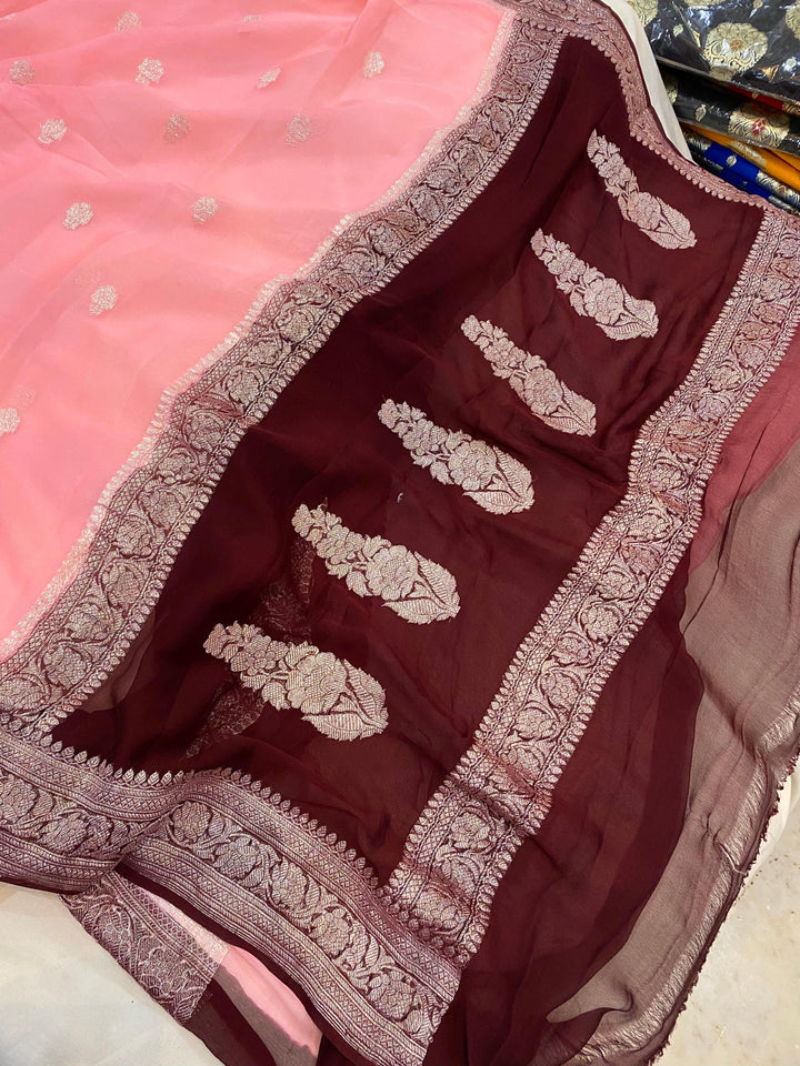 Peachish pink Khaddi Chiffon Banarasi Handloom Saree - Aura Benaras