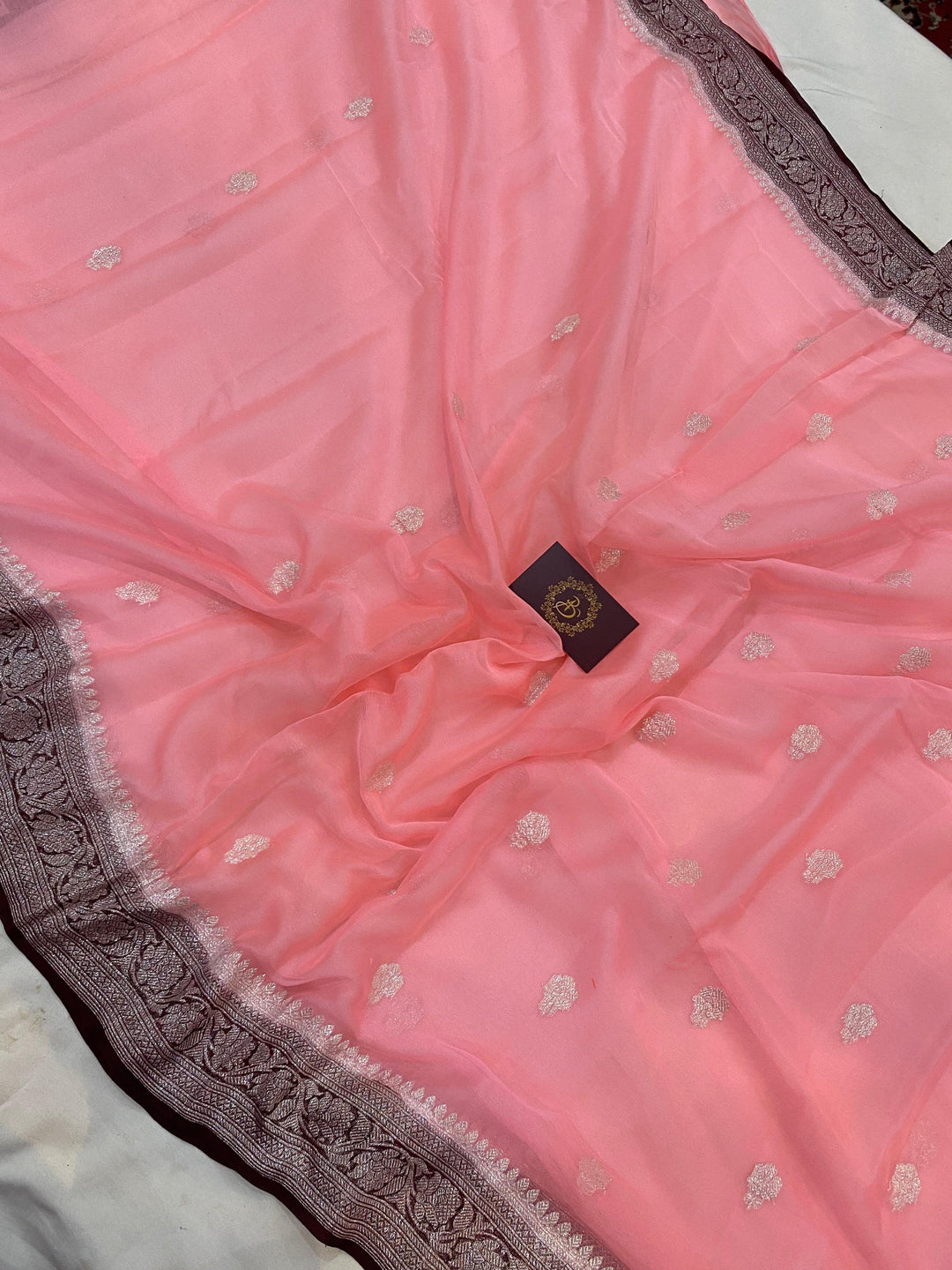 Peachish pink Khaddi Chiffon Banarasi Handloom Saree - Aura Benaras