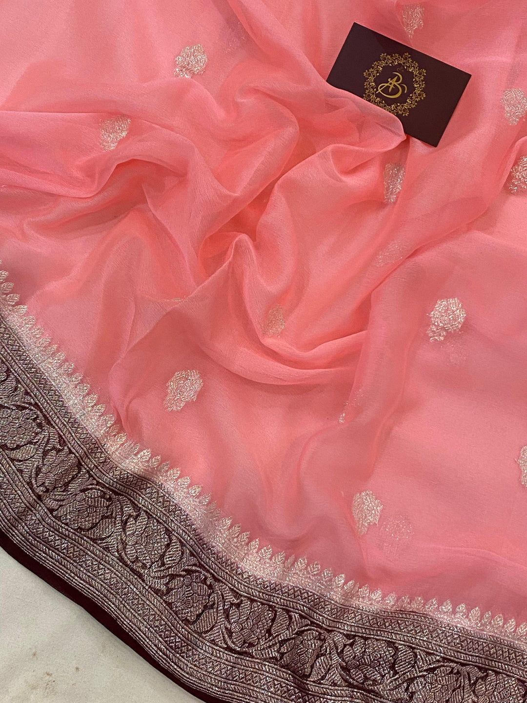 Peachish pink Khaddi Chiffon Banarasi Handloom Saree - Aura Benaras