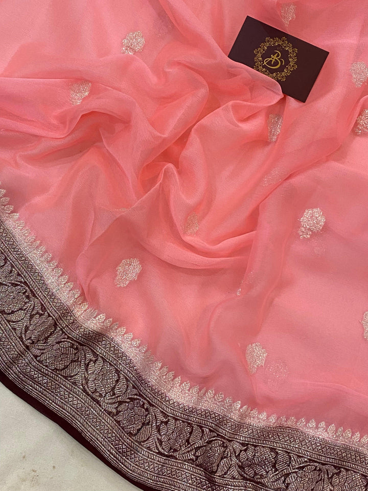 Peachish pink Khaddi Chiffon Banarasi Handloom Saree - Aura Benaras