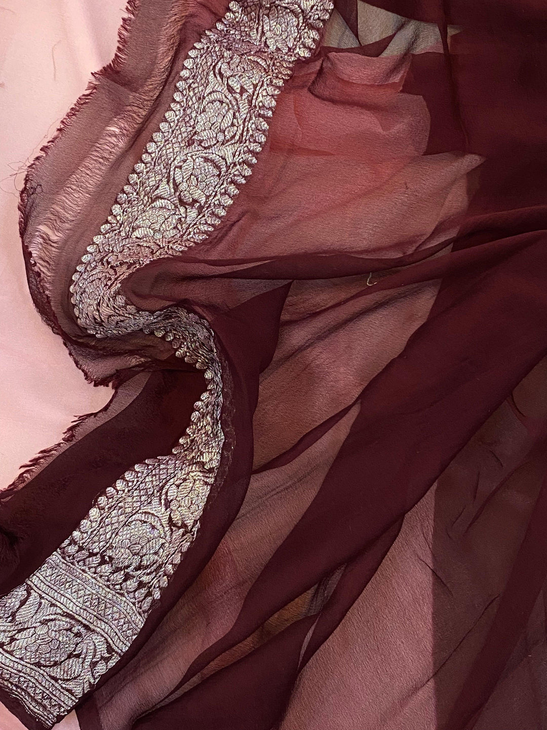 Peachish pink Khaddi Chiffon Banarasi Handloom Saree - Aura Benaras