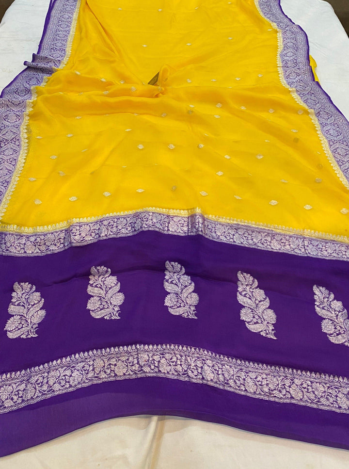 Yellow Khaddi Chiffon Banarasi Handloom Saree - Aura Benaras