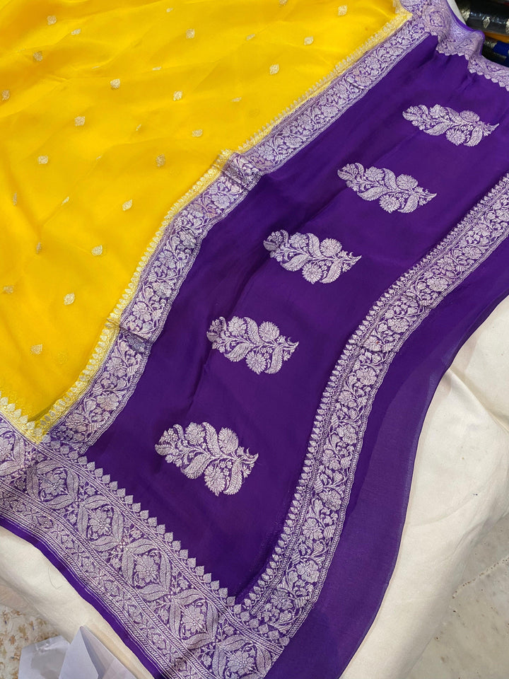 Yellow Khaddi Chiffon Banarasi Handloom Saree - Aura Benaras
