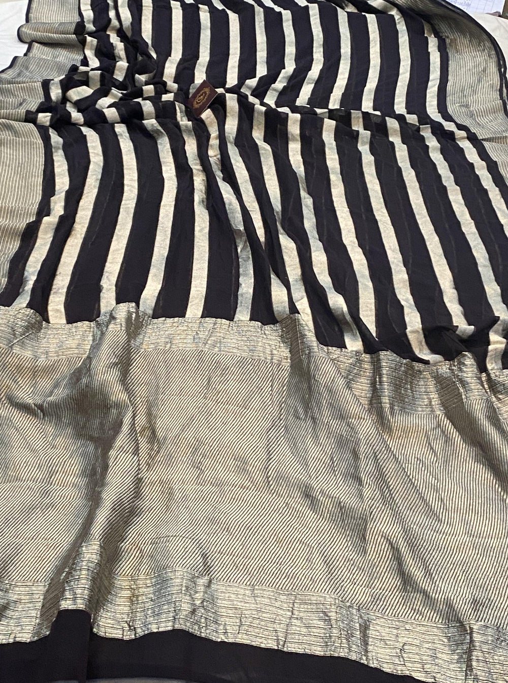 Black Banarasi Handloom Pure Khaddi Georgette Saree - Aura Benaras