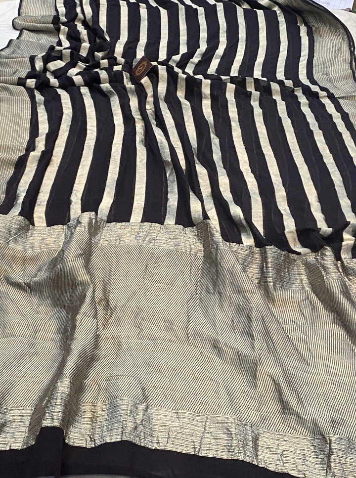 Black Banarasi Handloom Pure Khaddi Georgette Saree - Aura Benaras