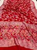 Red Banarasi Handloom Pure Tussar Georgette Saree - Aura Benaras