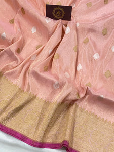 Pink Pure Banarasi Handloom Kora Tissue Silk Saree - Aura Benaras
