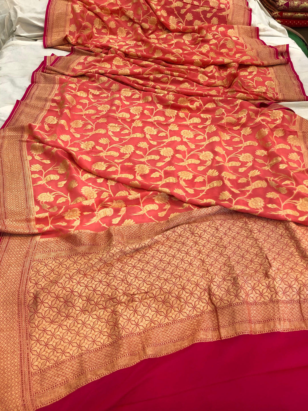 Peachish Pink Banarasi Khaddi Georgette Saree