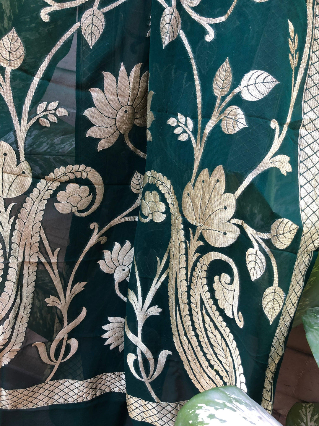 Bottle Green Pure Banarasi Handloom Georgette Dupatta - Aura Benaras